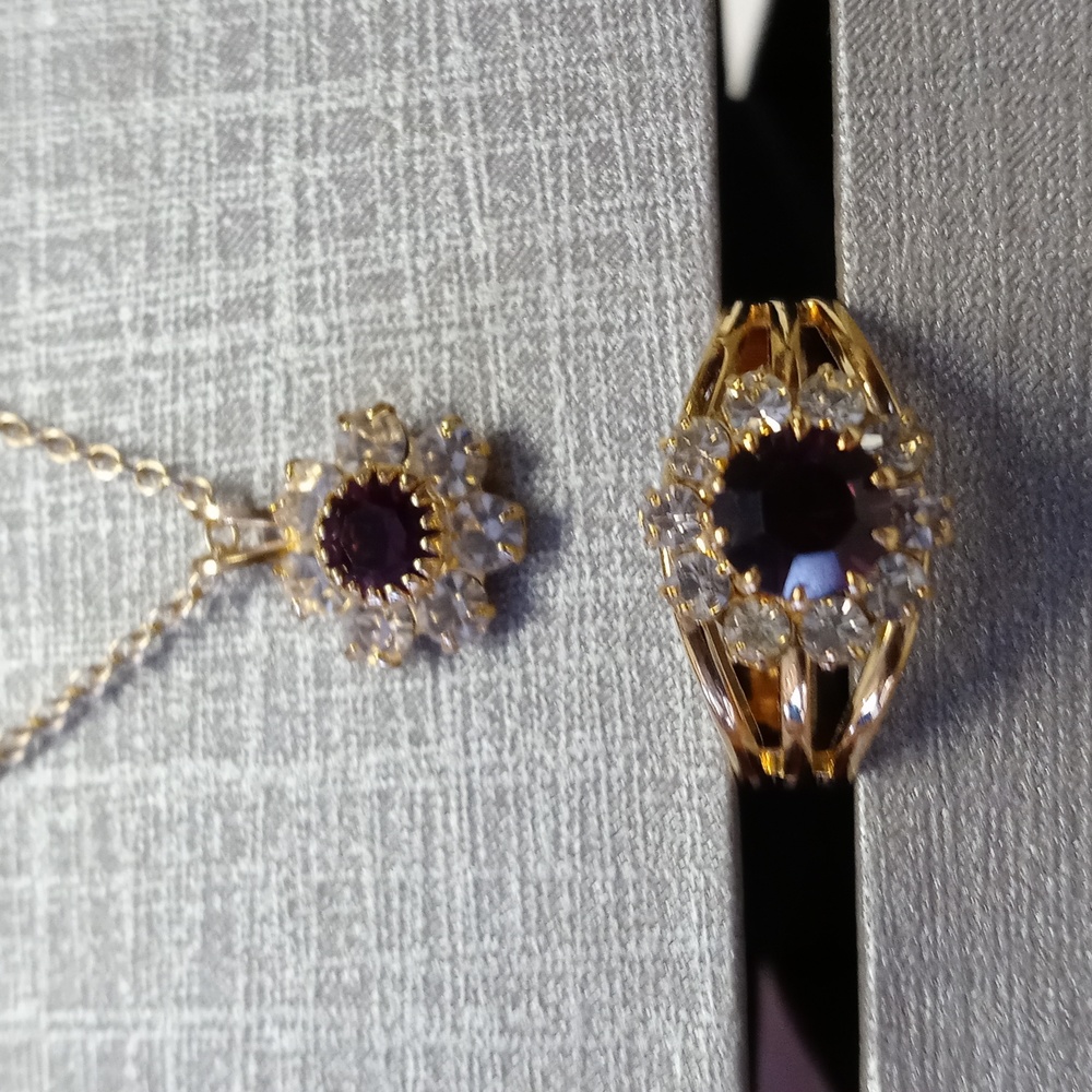 Gold Amethyst and White Crystal Necklace and Ring